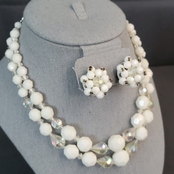 Womens White Beads AB Aurora Borealis Fashion Necklace Earrings Set Germany Made - Picture 2 of 11